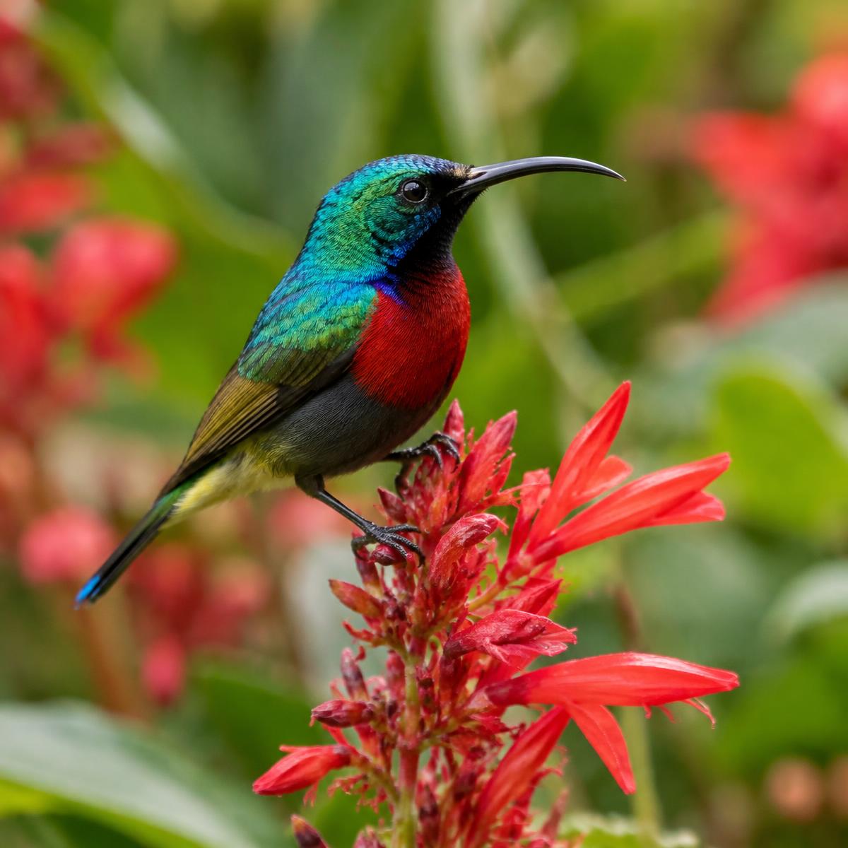 Sunbird perched on a red flower