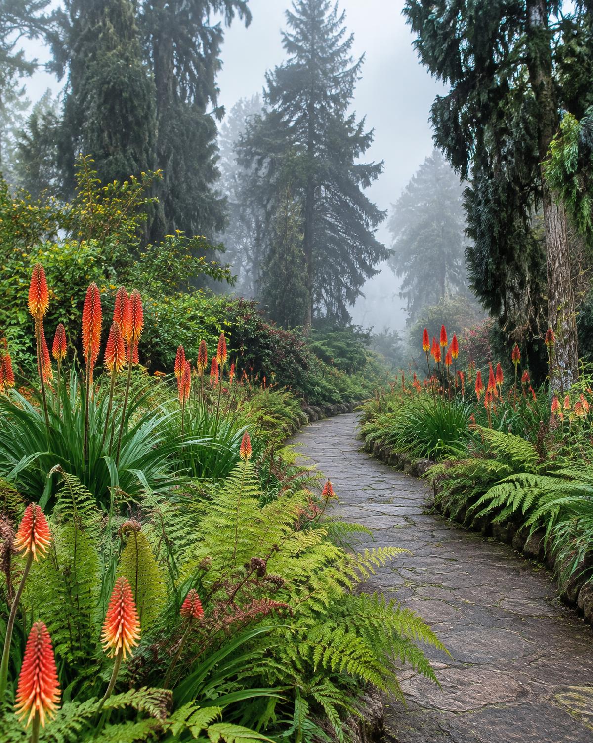 Garden path lined with flowers and tall trees