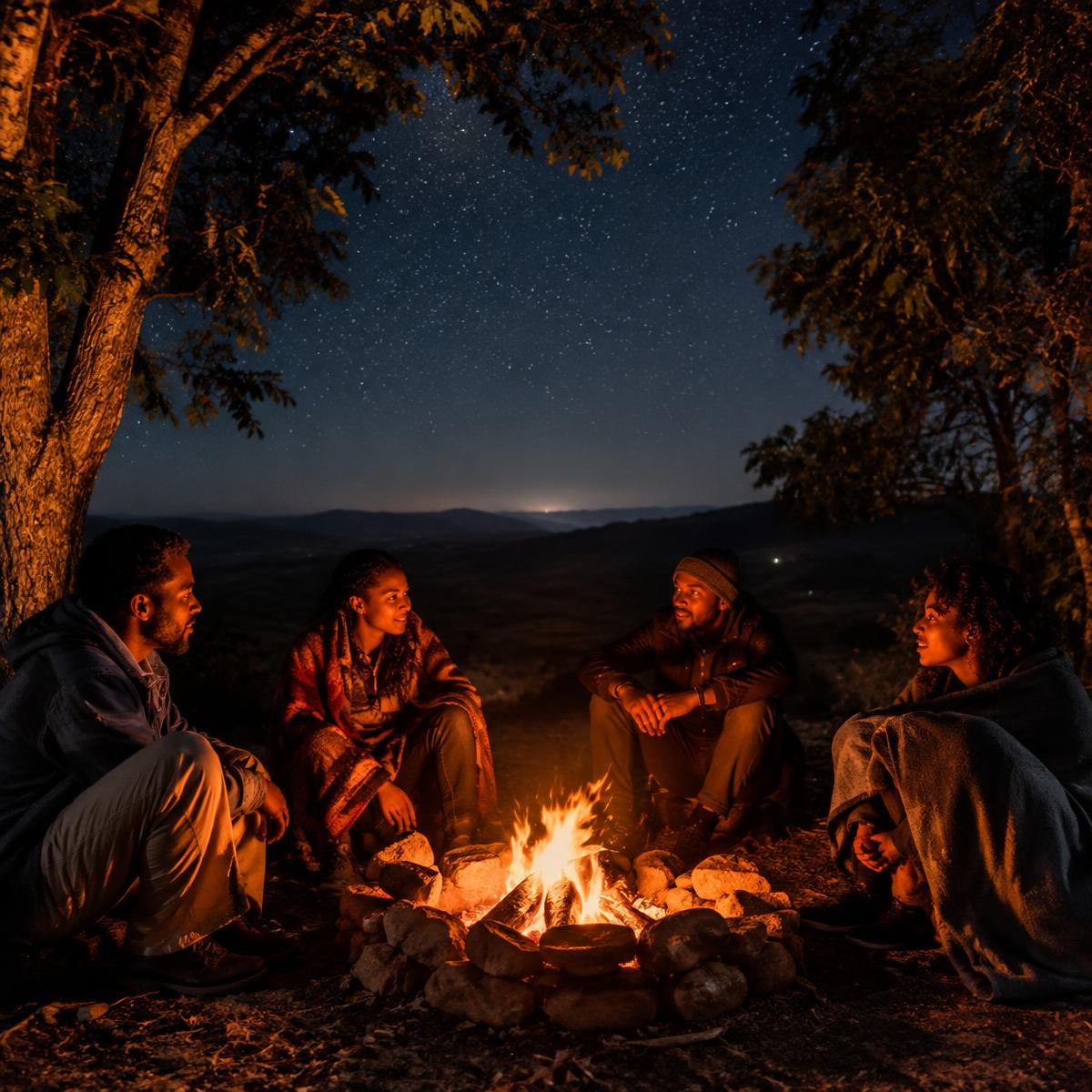 Friends around a campfire at night