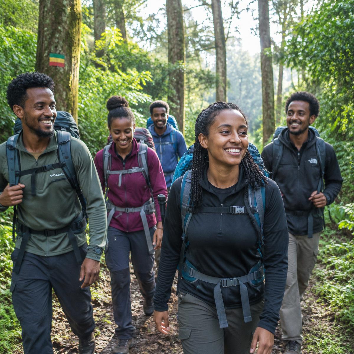 Group of hikers walking a forest trail